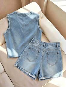 Franclia Women's Denim Effect Print Round Neck Tank Top And Shorts Casual Set - Blue - View 2