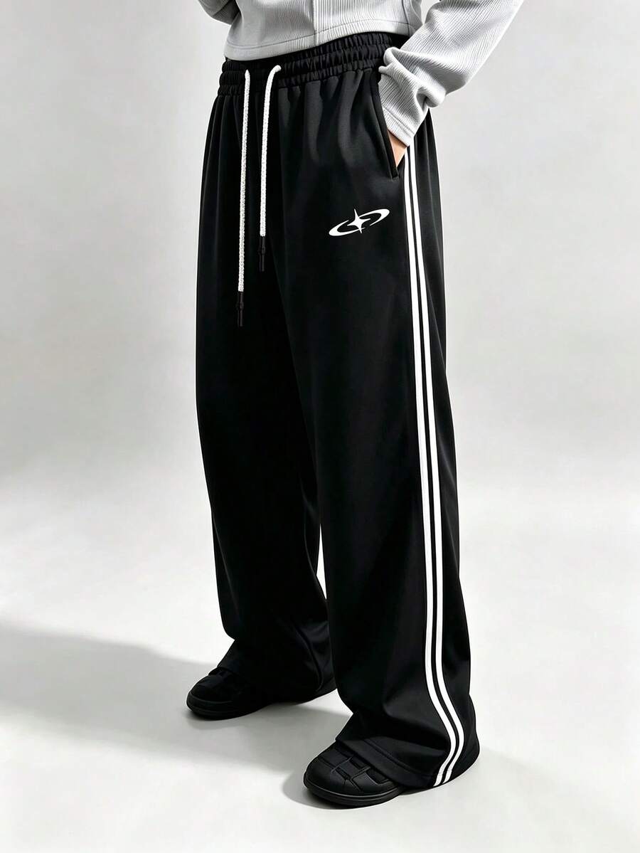 Sport MetroGents 男士拼色條紋抽繩腰運動長褲 - 黑色 - 查看 1