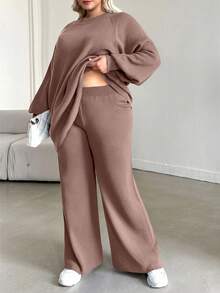 EURMUSE Plus Size Women Solid Color Raglan Sleeve Sweater And Knit Pants Casual Set - Dusty Pink - View 3