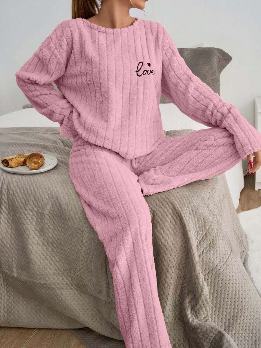 EURMUSE 2pcs Striped Fuzzy Fabric With Slogan Embroidery Detail Homewear PJ Set - Pink - View 1