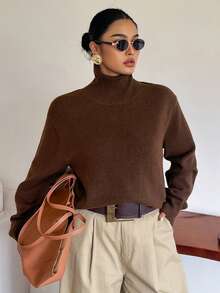 Dazy Plus Solid Color Business Casual Versatile Turtleneck Pullover Sweater, Autumn/Winter New Brown - Brown - View 4
