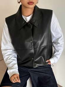Dazy Plus Solid Color Street Casual Lapel Loose Sleeveless Jacket PU Vest, Spring/Autumn Layering - Black - View 3