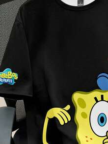 SpongeBob SquarePants | SHEIN Manfinity Joysei 男士卡通印花圓領短袖休閒寬鬆版型T恤 - 黑色 - 查看 4