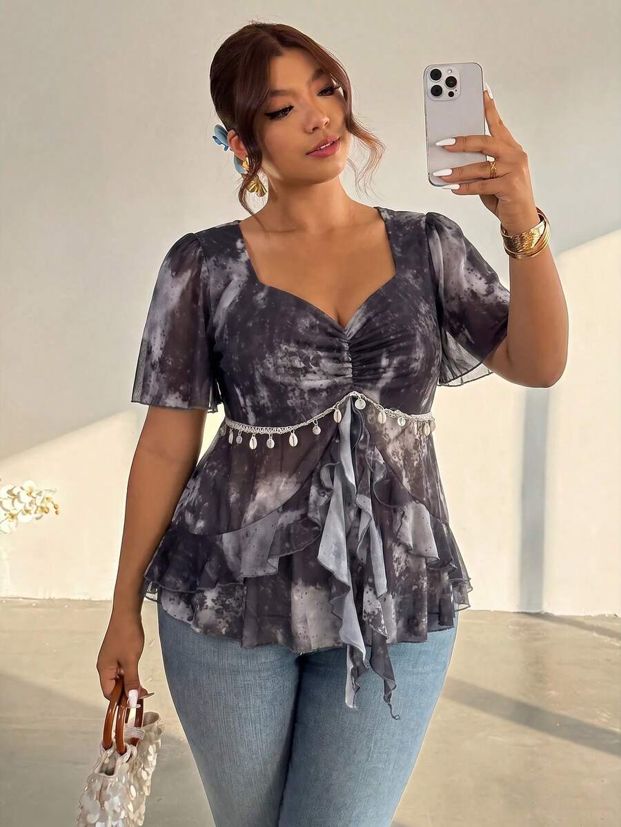 Firerie Plus Size Tie-Dye Print Ruffle Hem Casual Vacation Shirt
