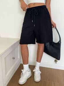 SHEIN EZwear 黑色針織女款抽繩腰口袋休閒寬鬆短褲 - 黑色 - 查看 3