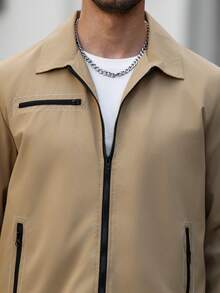 Manfinity CasualCool Men's Zipper Shirt Jacket, Casual Open Front Long Sleeve Outerwear - Khaki - View 5
