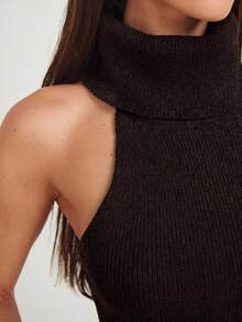 Aloruh Women's Elegant High Neck Backless Halter Sleeveless Pearl Sweater Vest - Coffee Brown - View 3