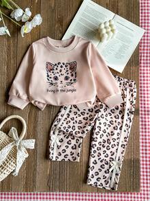 SHEIN Vintaside Kids 2件組女嬰可愛豹紋動物圖案長袖運動衫運動褲套裝 返校季秋季上衣 度假家庭親子套裝 粉色 - 彩色 - 查看 2