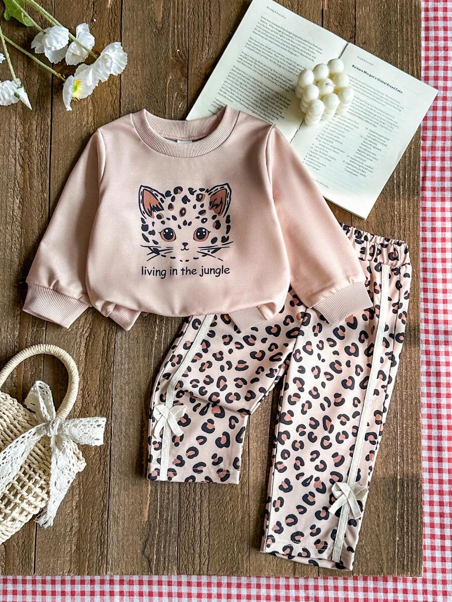 SHEIN Vintaside Kids 2件組女嬰可愛豹紋動物圖案長袖運動衫運動褲套裝 返校季秋季上衣 度假家庭親子套裝 粉色