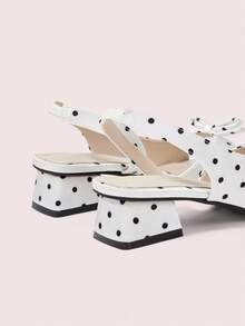 CUCCOO DOLLMOD Women's Shoes, Beige Upper Black Polka Dots, Satin Texture, Back Strap Sandals, Bow Square Toe Low Chunky Heels, Elegant Commuting Out Versatile Fash - Black and White - View 7
