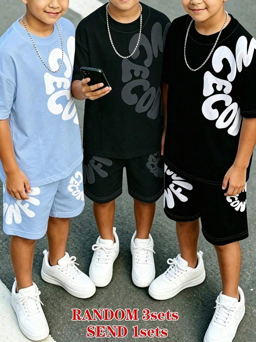 1套隨機款 青少年男童淺藍色黑灰色字母印花寬鬆落肩T恤短褲套裝 街頭風嘻哈返校夏季穿搭 - 彩色 - 查看 1
