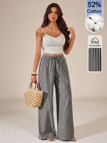 SHEIN Tall 女款休閒抽繩腰條紋長褲 - 黑與白 - 查看 5