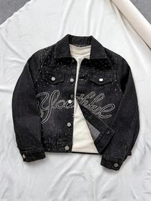 SHEIN Bolty Tween Boy Fashion Casual Y2k Vintage Cool Street Basic And Cut Out Ripped Frayed Simple Black Denim With Holes And Red Patchwork Christmas Elements Loose Long-Sleeved Denim Jacket For Dailywear And Rave Festival And Streetwear - Black - View 6