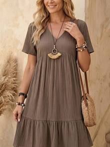 SHEIN Solid Color V-Neck Ruffled Hem Summer Short Sleeve Dress Vacation Beach Outfits Women - Khaki - View 1