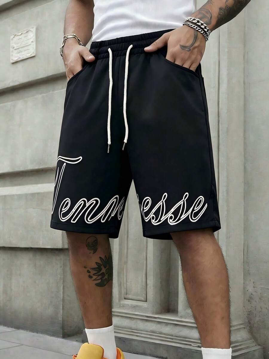 ROMWE MEN Street Life Men's Mesh Letter Print Sports Shorts In American Vintage Street Style - Black - View 1