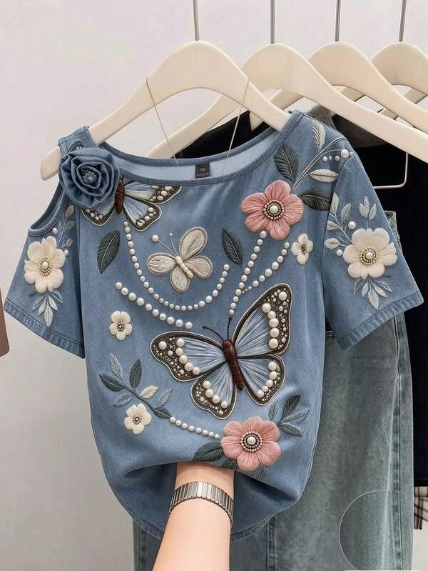 Franclia Women's Plus Size Printed Short Sleeve Top, 3D Floral Faux Denim Knit T-Shirt, Exquisite Printed Top