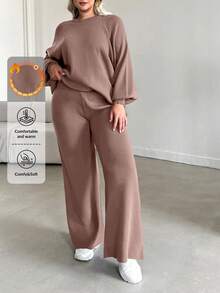 EURMUSE Plus Size Women Solid Color Raglan Sleeve Sweater And Knit Pants Casual Set - Dusty Pink - View 1