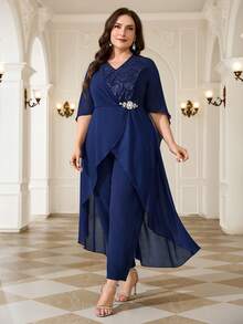 Reflora New Plus Size Women's Fashion Elegant Casual Party Formal Lace Patchwork Wrap Waist Jumpsuit Autumn Navy Blue Wedding - Blue - View 3