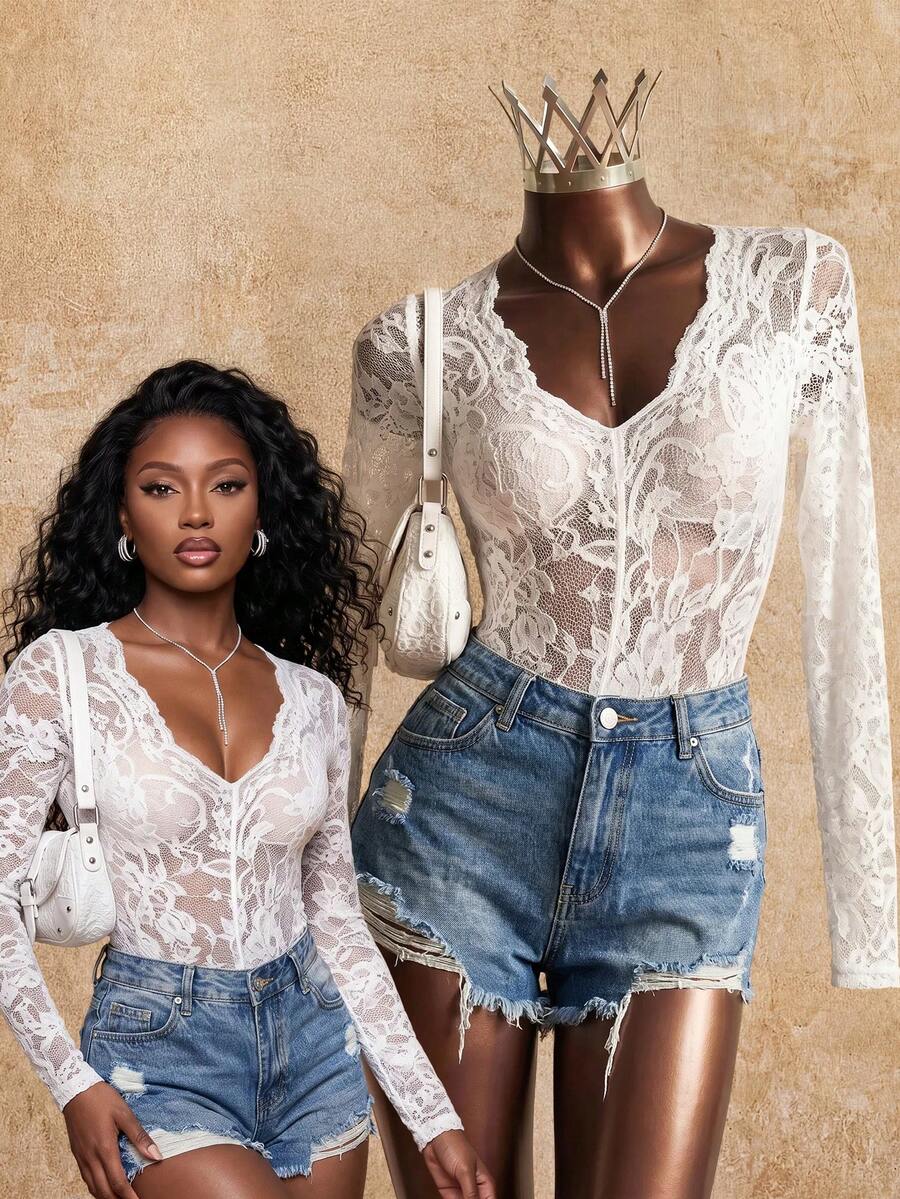 Rafferiza Almamuse 女士 Y2k 极简性感可爱 V 领长袖披肩假两件套黑色蕾丝嬉皮风透视连体衣,通勤友好,时尚百搭,适合所有季节,与校园女生和街头时尚达人风格一致,波西米亚风女装 - 白色 - 查看 1