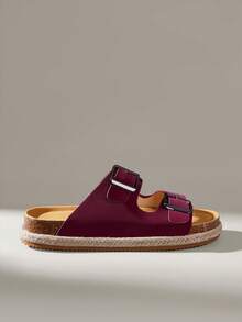 Solecia Sandal Musim Panas Wanita Terbaru dengan Sol Tali Rami, Model Slip-On dengan Hiasan Gesper Sabuk, Sandal Pantai Modis - Burgundy - View 1