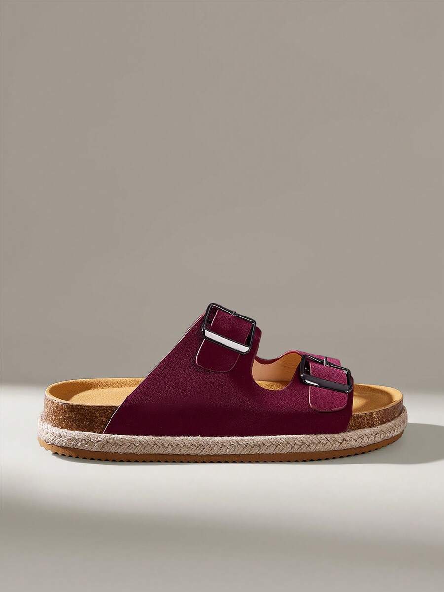 Solecia Sandal Musim Panas Wanita Terbaru dengan Sol Tali Rami, Model Slip-On dengan Hiasan Gesper Sabuk, Sandal Pantai Modis - Burgundy - View 1