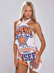 MUSERA High Neck Cross Over Layered Varsity Printed Lace Up Side Mini Dress   Back To School Daily Holiday Casual Varsity - Multicolor - View 2