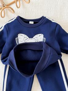 SHEIN Baby Girls French Elegant Round Neck Bow Print Pullover Sweatshirt/Autumn Winter Pants Set - Multicolor - View 5