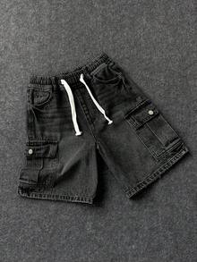 SHEIN 兒童青少年男孩抽繩腰工裝口袋休閒牛仔短褲 - 黑色 - 查看 4