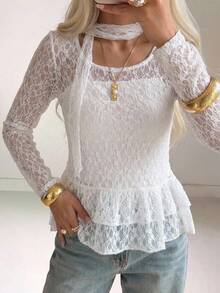 FRIFUL Women's Spring/Summer Solid Color Sheer Lace Long Sleeve Layering Slim Fit Casual Versatile Top - White - View 2