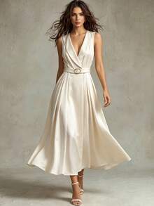 Franclia Elegant Fashion Intellectual Flip V-Neck Sleeveless Waist Waistband Metal Buckle Apricot Golden Allure Satin Women's Summer Dresses Elegant Dresses - Khaki - View 1