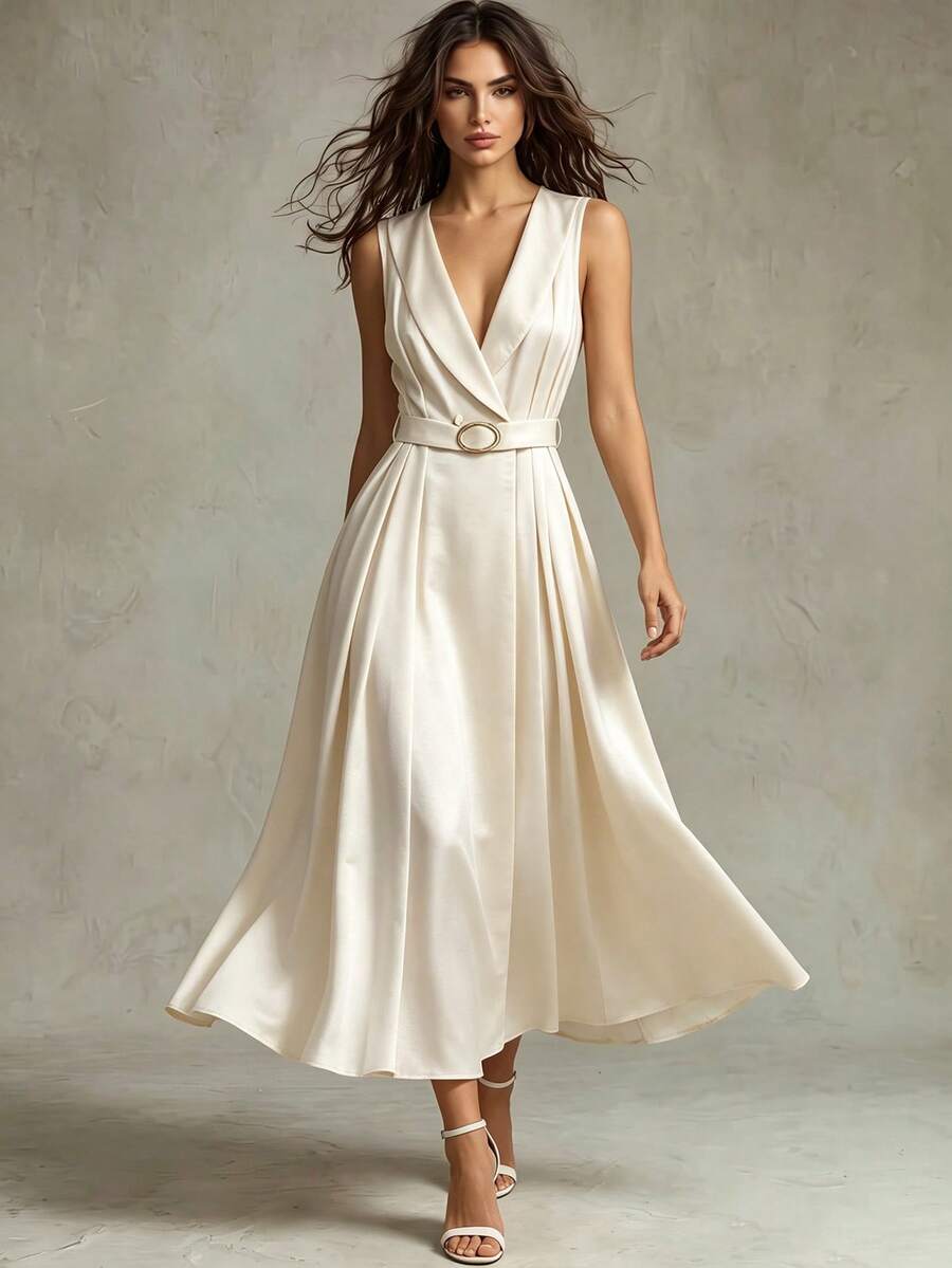 Franclia Elegant Fashion Intellectual Flip V-Neck Sleeveless Waist Waistband Metal Buckle Apricot Golden Allure Satin Women's Summer Dresses Elegant Dresses - Khaki - View 1