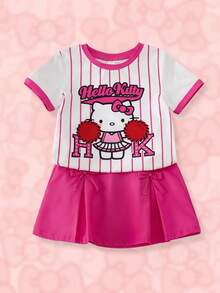 HELLO KITTY AND FRIENDS | SHEIN Setelan Kaos Lengan Pendek Bergaris dan Rok Belahan untuk Anak Perempuan - Berwarna merah muda - View 1