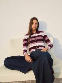 Nöista Stripe Knit Cardigan In Burgundy, Lilac And Cream Tones With Collar And Button Front. Perfect For Office Wear, Layering And Day-To-Night - Purple - View 6