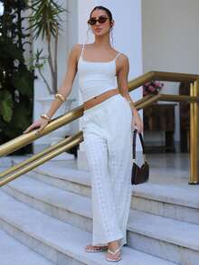 juhmazzocco Women Elastic Waist Burnt-Out Floral Embroidery Straight Leisure Pants Summer White - White - View 5