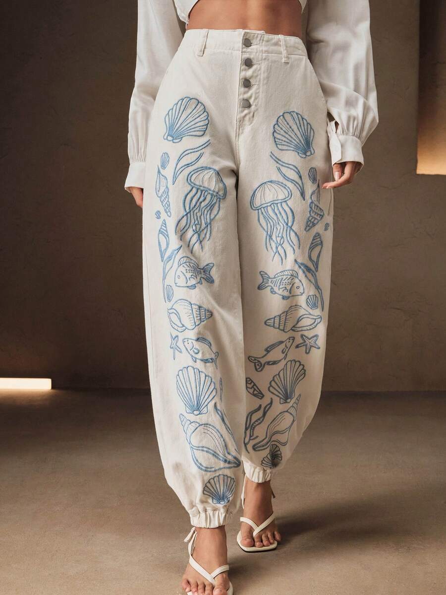 Anewsta Women's Exquisite Luxurious Heavy Embroidery Rope White Long Pants For Summer Vacation Promotion - Beige - View 1