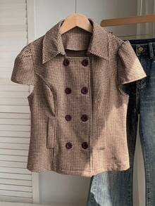 Comfortcana Jaket Trench Coat Kasual Kancing Ganda Motif Houndstooth untuk Wanita - MultiWarna - View 6