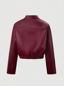 SHEIN Sparklyn 青少年女孩秋季紅色皮革夾克，秋季、冬季、節日穿搭，休閒、舒適、日常、可愛 - 酒紅色 - 查看 2