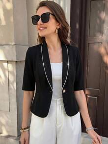SHEIN Clasi Fall Women Women's Solid Color Peter Collar Rhinestone Chain Decor Metal Button 3/4 Sleeve Waist-Cinching Blazer, Commuter - Black - View 5