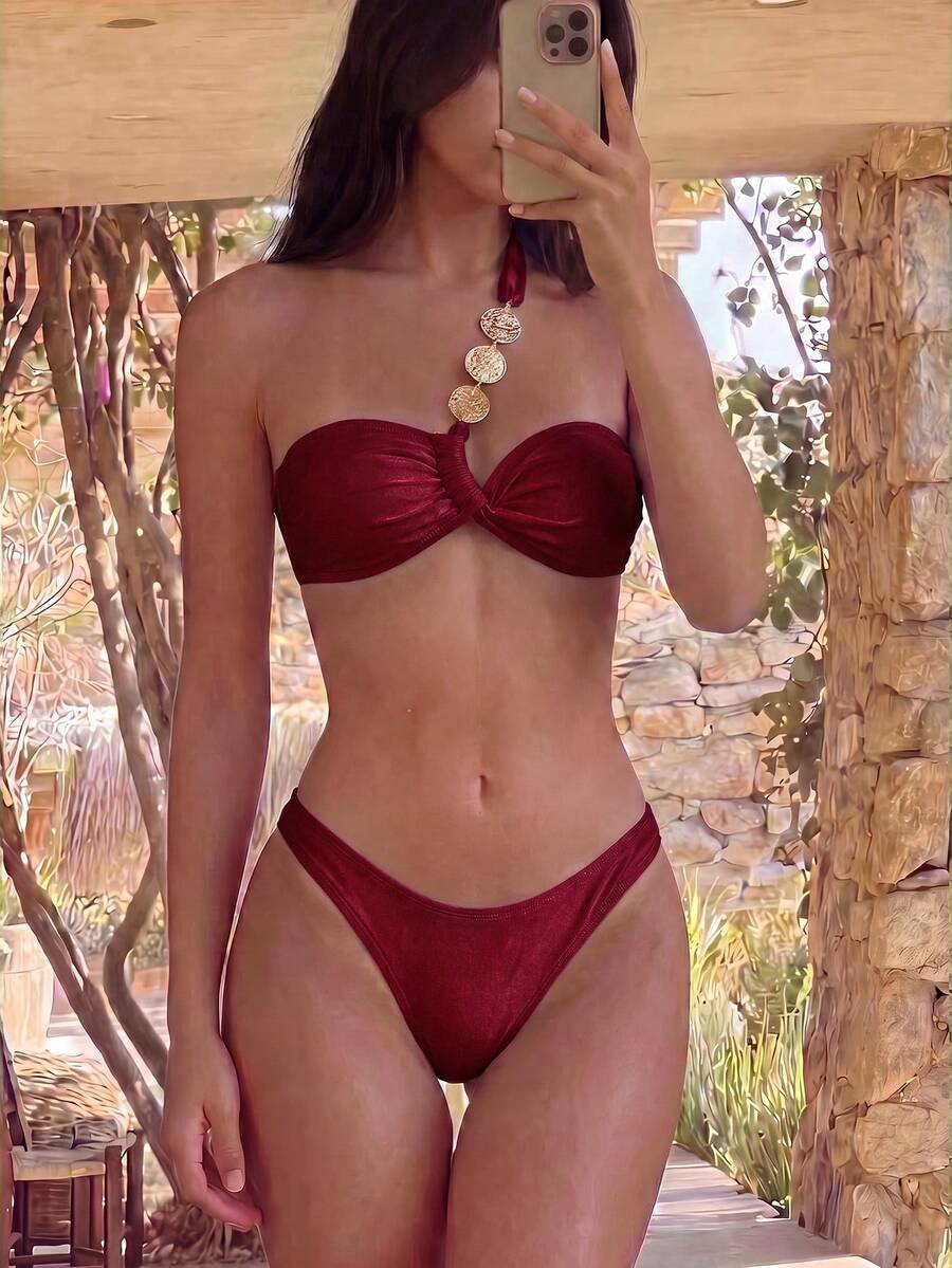 Bonvoyette Solid Color Elegant Women's Bikini Set, Metal Trim Decor, Ruched Design, Suitable For Vacation Wear - Brown - View 1
