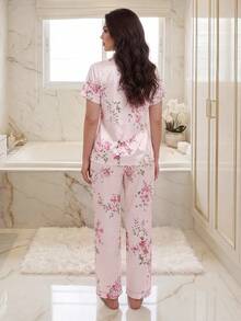 LuxeNights Women's Elegant Pink Floral Print Satin Pajama Set With Open Front, Lapel Collar, Short Sleeve Top And Long Pants - Pink - View 2