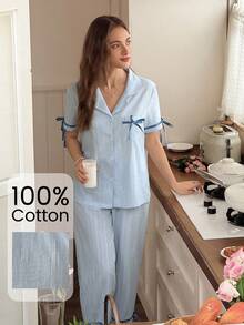 Snug Reverie Set Pakaian Santai Wanita 100% Katun Murni Warna Biru Lengan Pendek dan Celana Panjang dengan Bukaan Depan dan Pita, Desain Romantis dan Segar - Biru - View 6