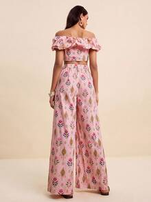 LOTSLUV Women's Early Autumn Elegant Commute, Pink Print, Off-Shoulder Cropped Top And Printed Long Pants Two Pieces Set,Vacation Outfits,Office Casual - Pink - View 2