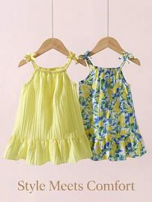 SHEIN Playful Pals 2件組夏季女童洋裝，黃色細肩帶純色與檸檬印花洋裝套裝，適合休閒日常穿著，女童專屬 - 彩色 - 查看 2