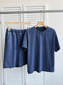 SHEIN Teen Boy Round Neck Short Sleeve Top And Denim Shorts Set - Dark Wash - View 5