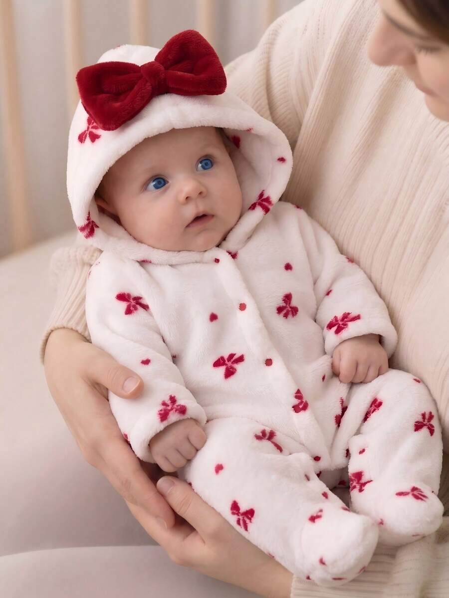 SHEIN Newborn Baby Girl Sweet Princess Style One-Piece Jumpsuit, Flannel Knit Fabric, White Base With Red Bow Full Print, Long Sleeve Hooded Footed Design With Large Bow Decoration, Thickened And Thermal Lined, Suitable For Holiday Photos, Full Moon Outings, Autumn/Winter For 0-9 Months Old Baby Girls - Red and White - View 1