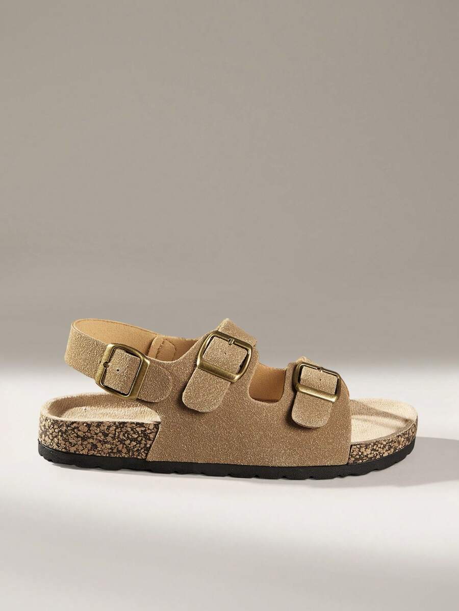 Solecia Three-Buckle Rear Strap Cork Sandals Women, Retro Suede Adjustable Buckle To Wear Boken Sandals - tawny - View 1