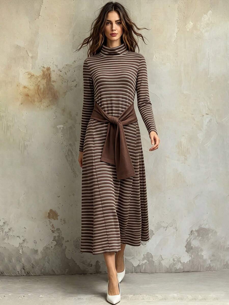 Franclia Elegant Turtleneck Striped Knit Dress, Fashionable For Autumn/Winter - Coffee - View 1