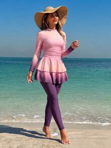 Swim Shayni Conjunto de dos piezas para mujer de verano, ropa casual de playa con estampado degradado púrpura y rosa, vestido bikini con cremallera y pantalones largos, conjunto de traje de baño elegante - Multicolor - Ver 7