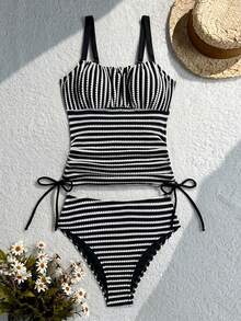 SHEIN Swim 成熟性感薄款黑白條紋特殊面料長褲泳衣上衣與高腰三角比基尼泳褲 2 件套 海灘派對夏季 - 彩色 - 查看 3