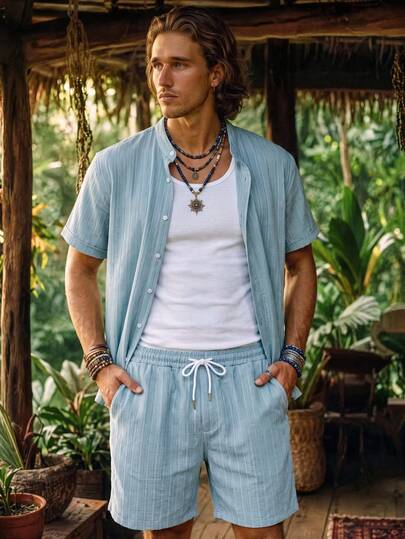Alderstead Set da spiaggia da uomo taglie forti, composto da camicia a maniche corte con bottoni frontali e pantaloncini, in colore tinta unita, per l'estate
